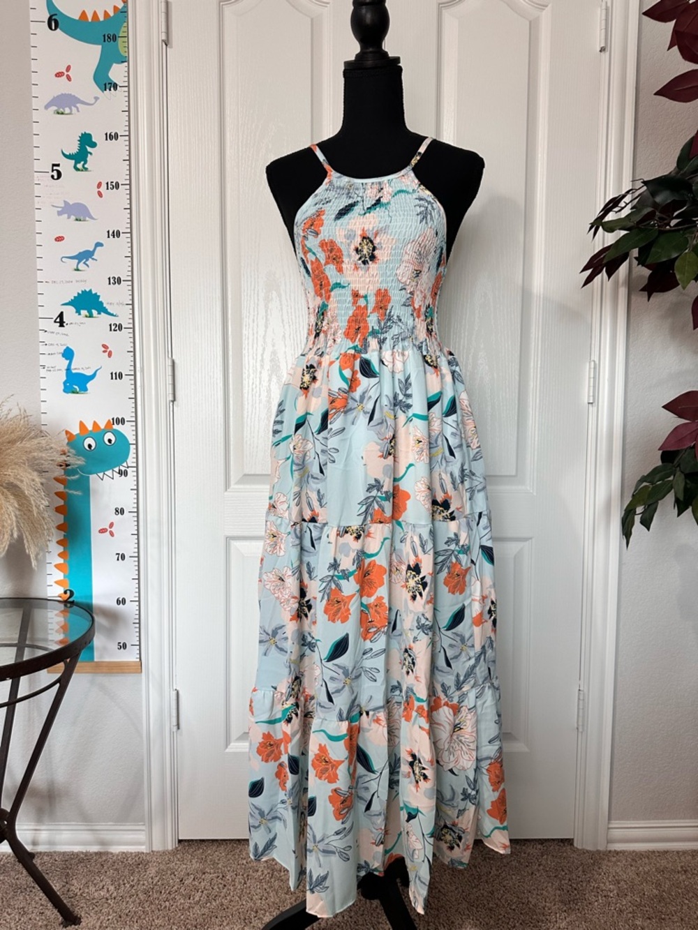 Halter Smocked Maxi Dress LightBlue Floral 
Size:M,Length:112cm,adjustable strap